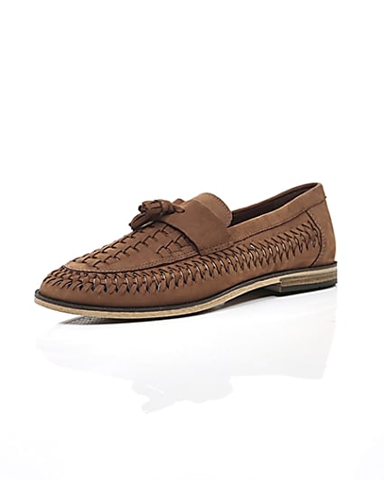 360 degree animation of product Brown leather woven tassel front loafers frame-0