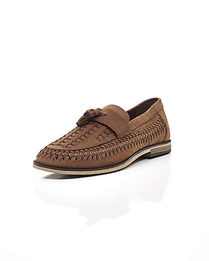 360 degree animation of product Brown leather woven tassel front loafers frame-1