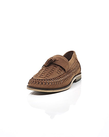 360 degree animation of product Brown leather woven tassel front loafers frame-2