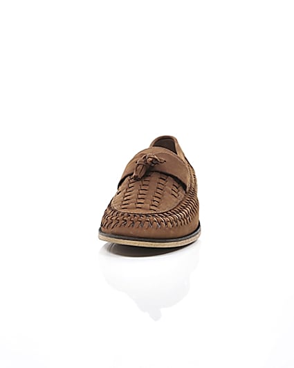 360 degree animation of product Brown leather woven tassel front loafers frame-3