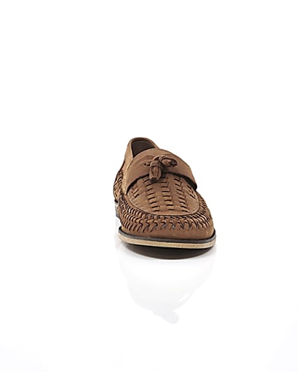 360 degree animation of product Brown leather woven tassel front loafers frame-4