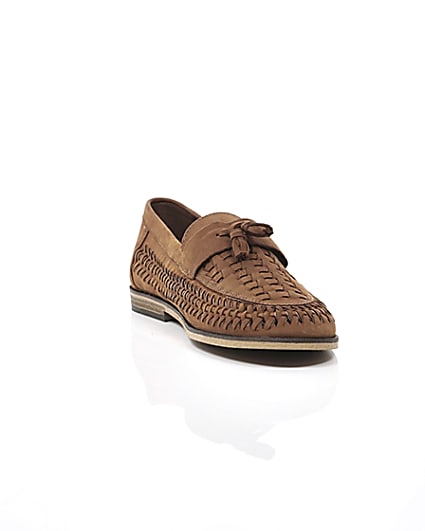 360 degree animation of product Brown leather woven tassel front loafers frame-5