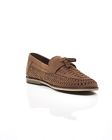 360 degree animation of product Brown leather woven tassel front loafers frame-6