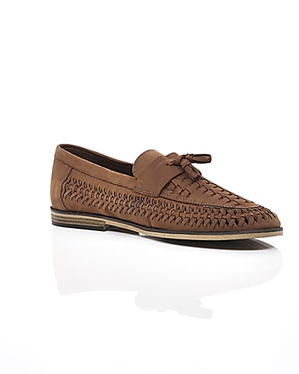 360 degree animation of product Brown leather woven tassel front loafers frame-7