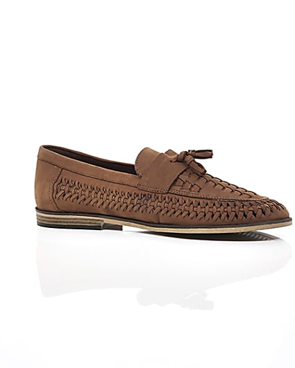 360 degree animation of product Brown leather woven tassel front loafers frame-8
