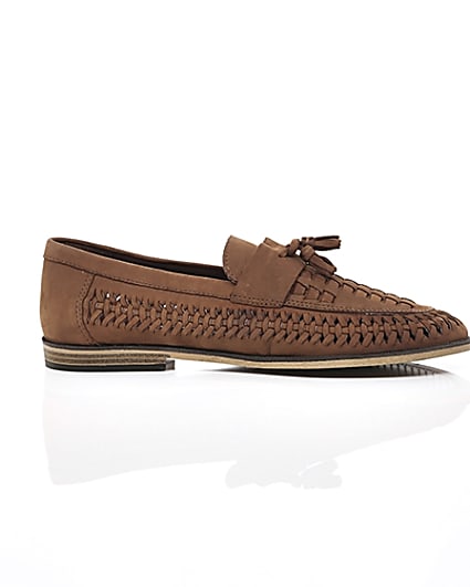 360 degree animation of product Brown leather woven tassel front loafers frame-9