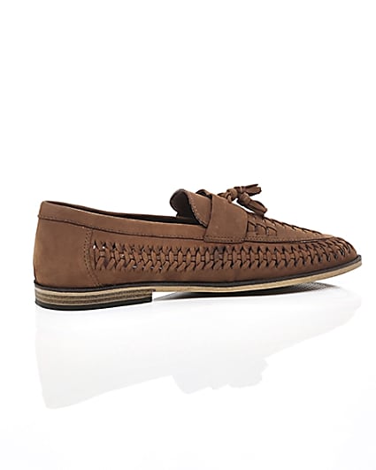 360 degree animation of product Brown leather woven tassel front loafers frame-11
