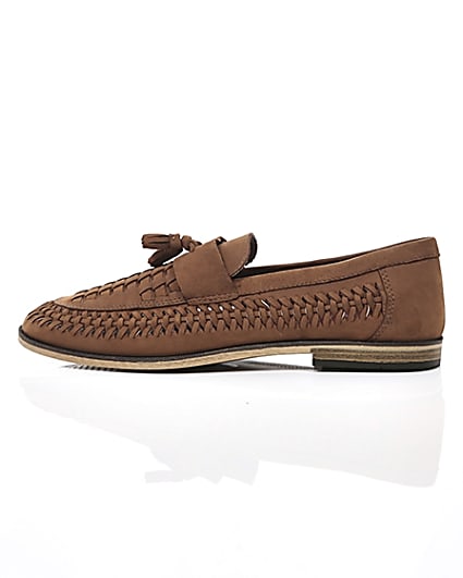 360 degree animation of product Brown leather woven tassel front loafers frame-21