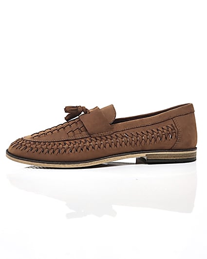 360 degree animation of product Brown leather woven tassel front loafers frame-22