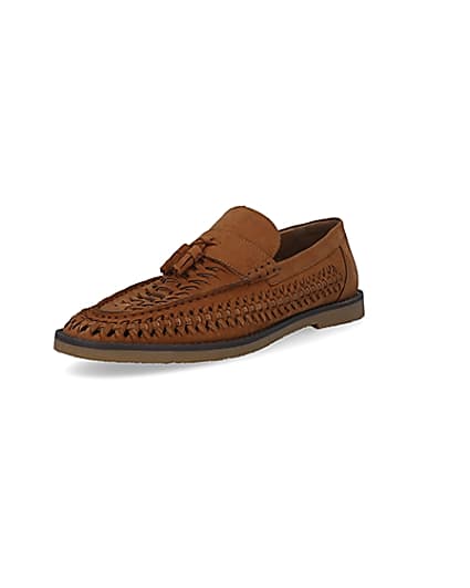360 degree animation of product Brown leather woven tassel loafers frame-0
