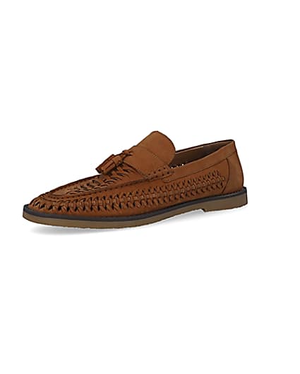 360 degree animation of product Brown leather woven tassel loafers frame-1