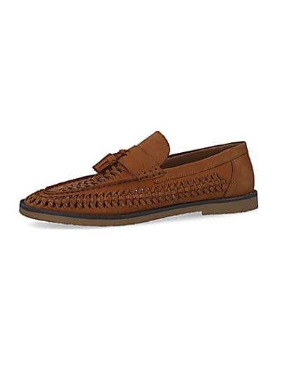 360 degree animation of product Brown leather woven tassel loafers frame-2