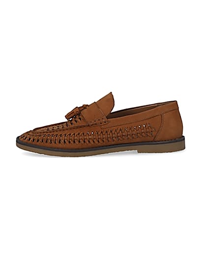 360 degree animation of product Brown leather woven tassel loafers frame-3
