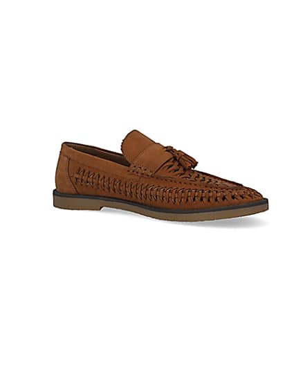 360 degree animation of product Brown leather woven tassel loafers frame-17