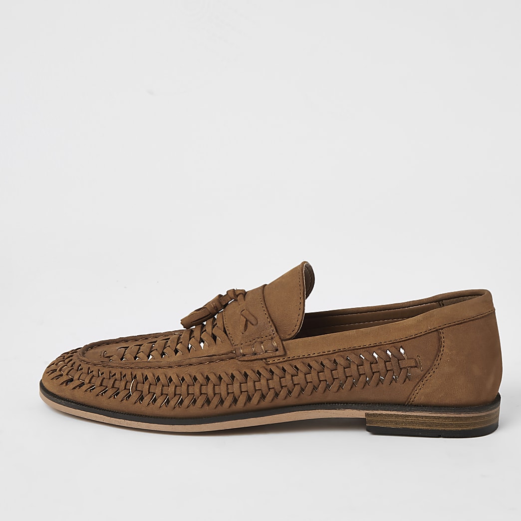 Brown leather woven tassel loafers | River Island