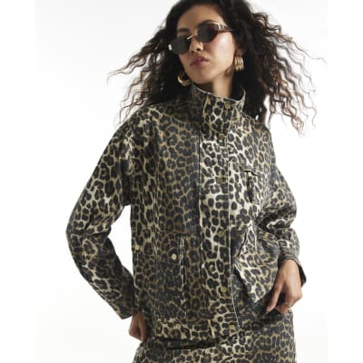 Leopard Denim Funnel Neck Jacket