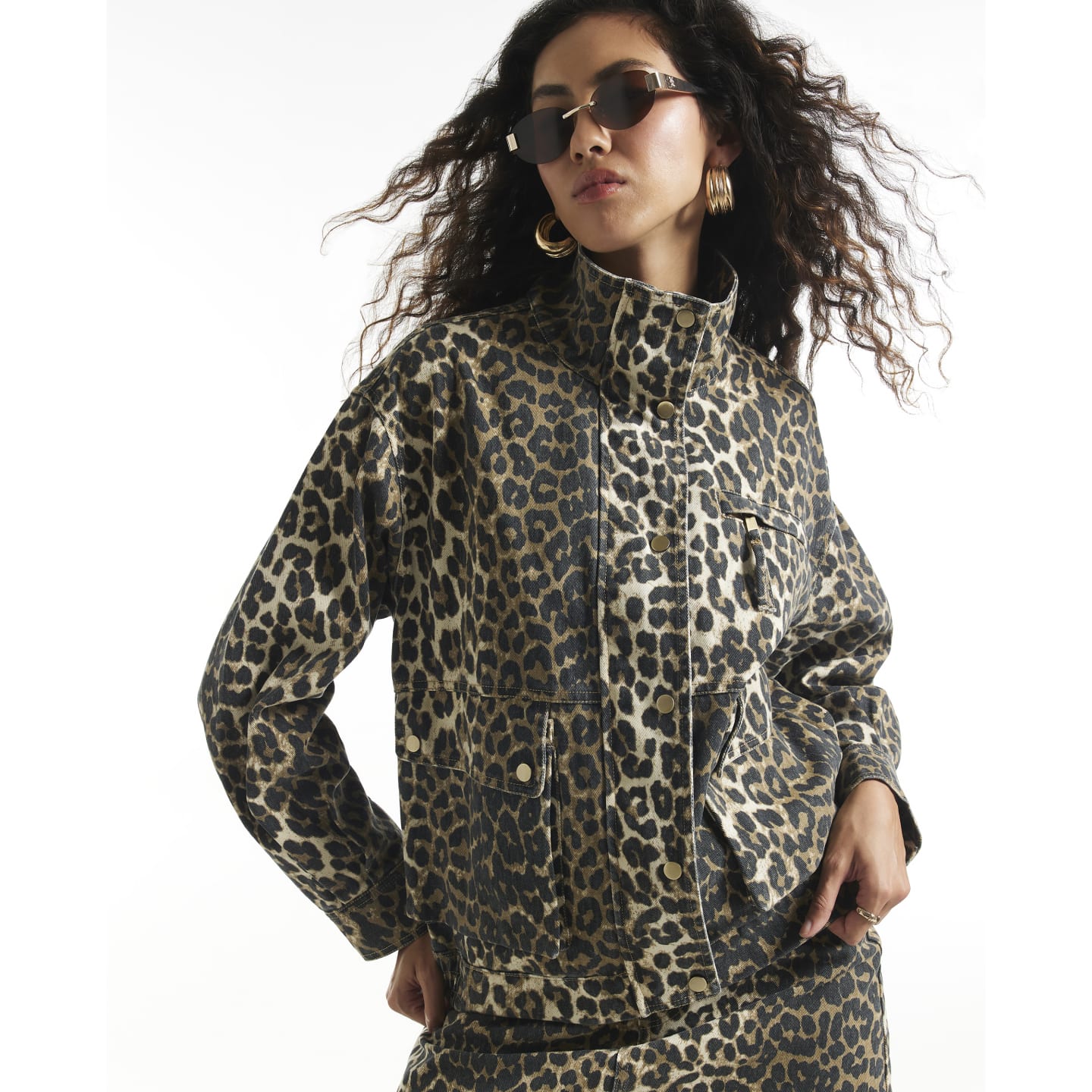 River Island Brown Leopard Denim Funnel Neck Jacket — photo 1 of 1
