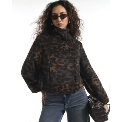 Brown Leopard Funnel Neck Cocoon Jacket