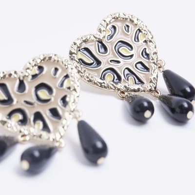 Brown Leopard Heart Drop Earrings