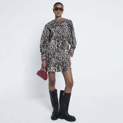 Brown Leopard Large Collar Mini Shirt Dress