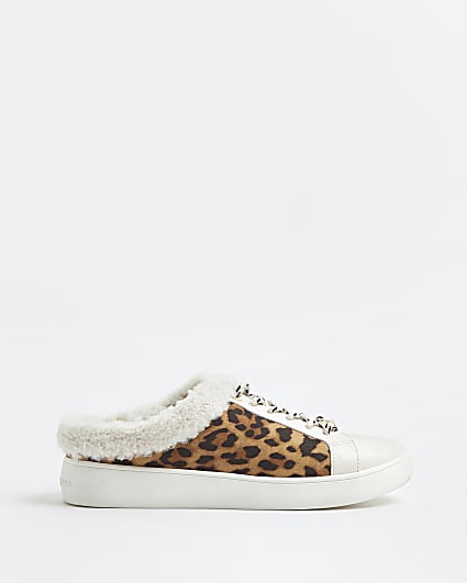 Brown leopard print backless trainers
