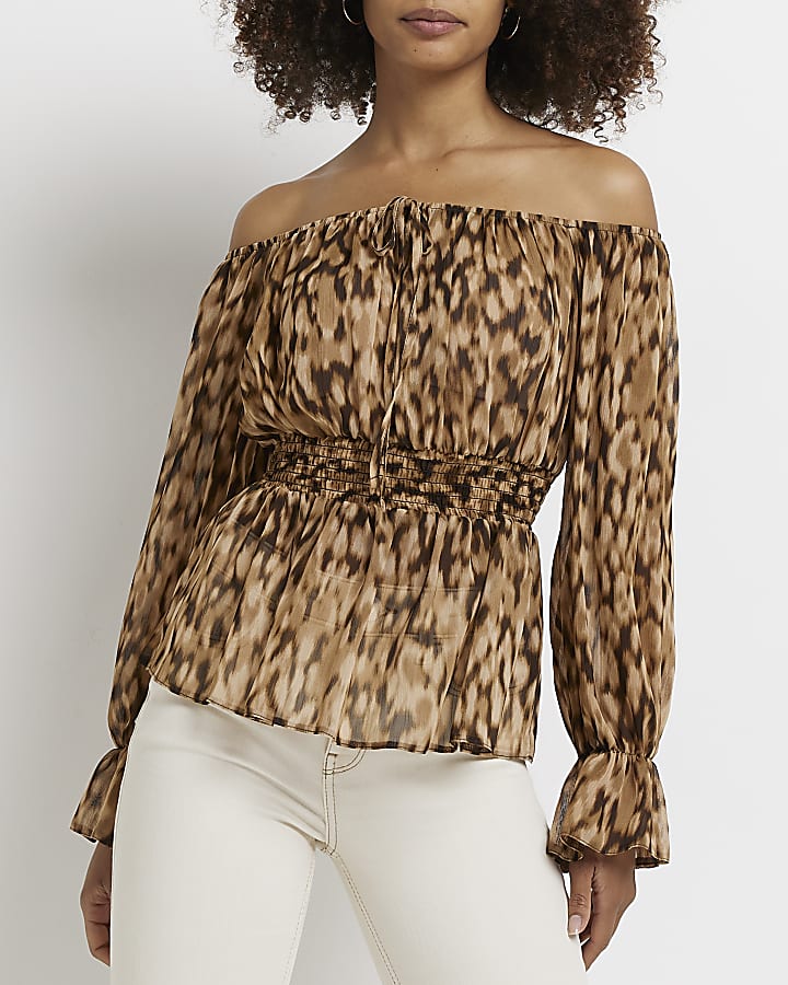 Brown leopard print bardot top