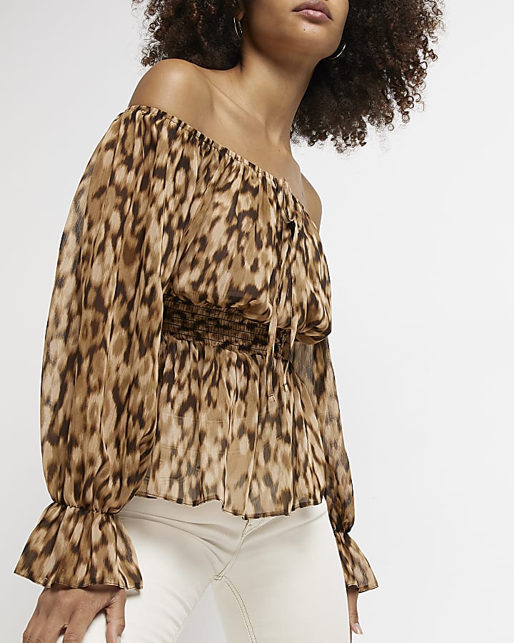 Brown leopard print bardot top