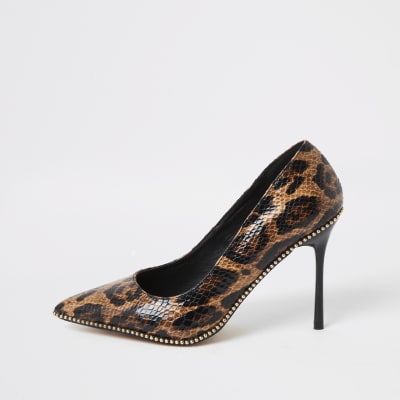 Brown leopard print beaded heeled court shoes | River Island