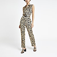 Brown leopard print belted jumpsuit