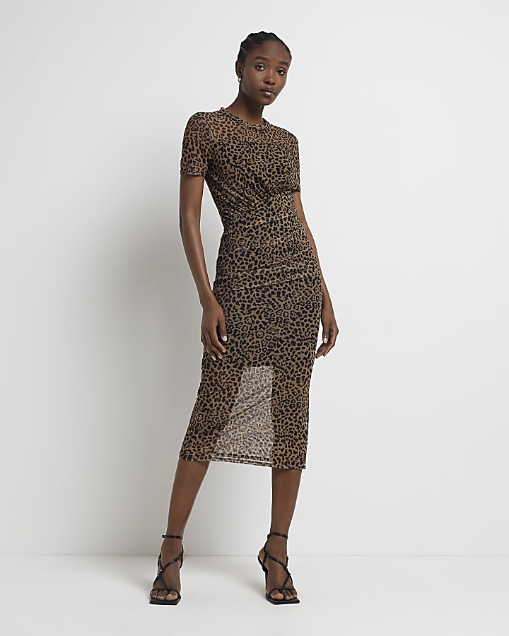 Brown leopard print bodycon midi dress