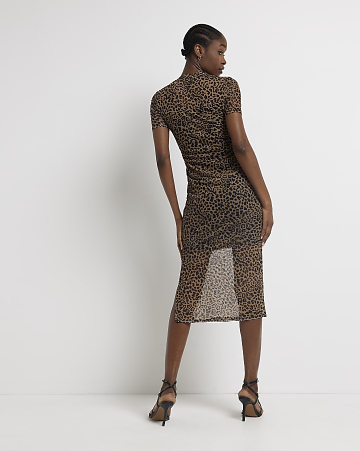 Brown leopard print bodycon midi dress