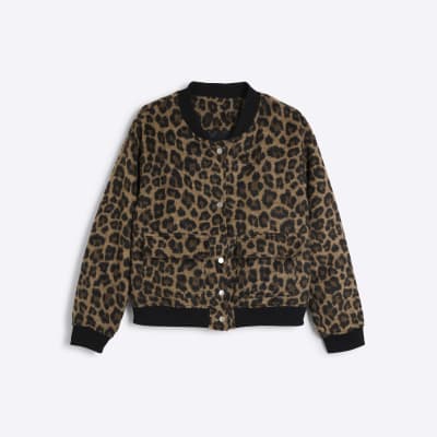 Brown Leopard Print Bomber Jacket River Island