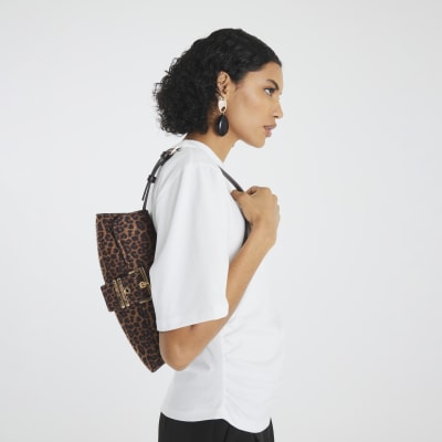 Brown Leopard Print Buckle Front Shoulder Bag