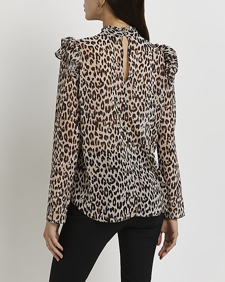 Brown leopard print chiffon top