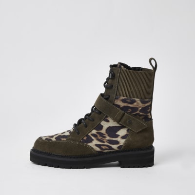 Brown leopard print chunky biker boots | River Island