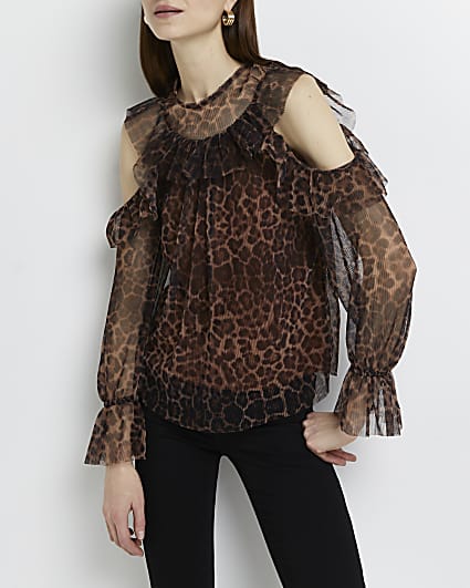 Brown leopard print cold shoulder top