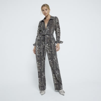 Brown Leopard Print Denim Jumpsuit River Island