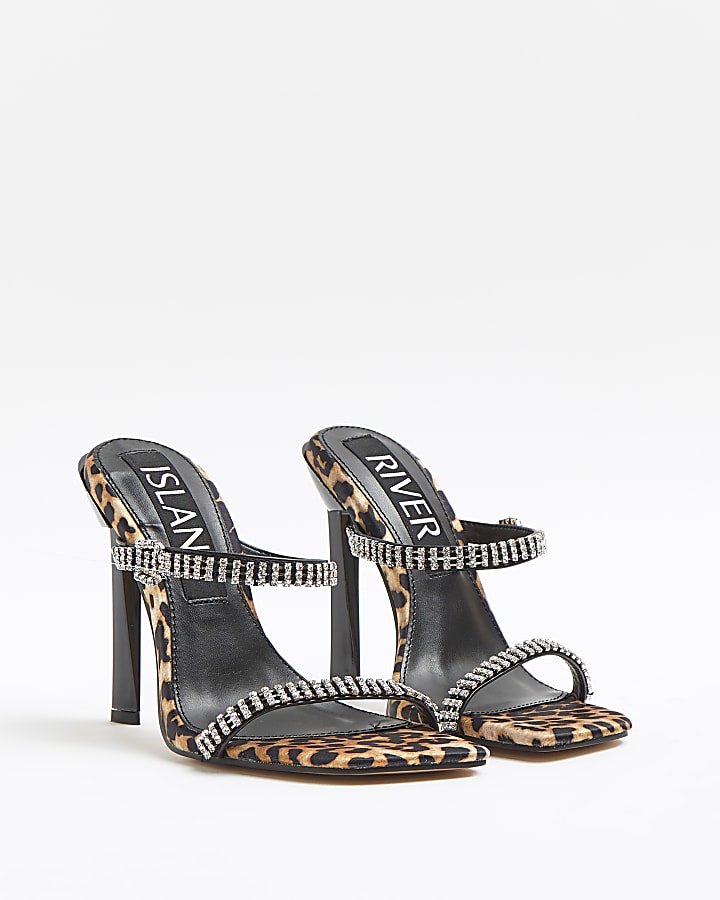 Brown leopard print diamante heeled sandals