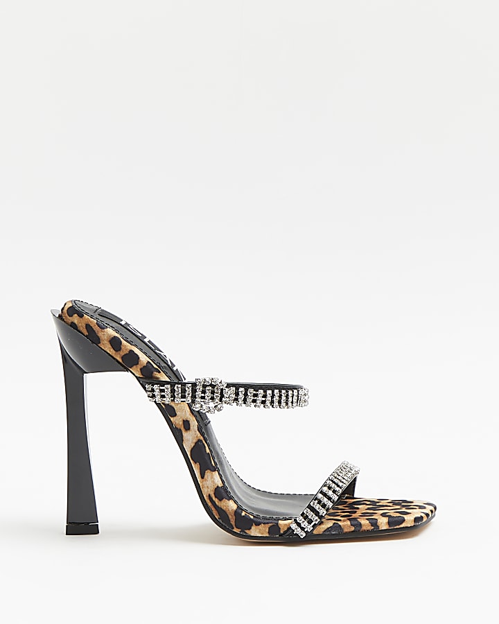 Brown leopard print diamante heeled sandals