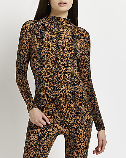 Brown leopard print draped high neck top