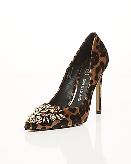 360 degree animation of product Brown leopard print embellished court shoes frame-1