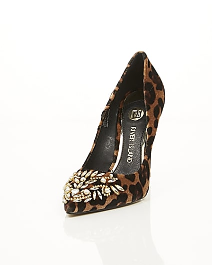 360 degree animation of product Brown leopard print embellished court shoes frame-2