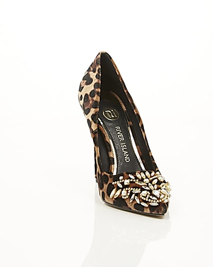 360 degree animation of product Brown leopard print embellished court shoes frame-5