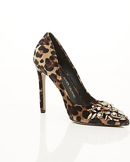 360 degree animation of product Brown leopard print embellished court shoes frame-7