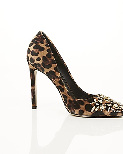 360 degree animation of product Brown leopard print embellished court shoes frame-8