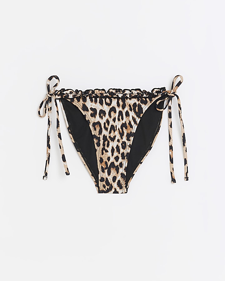 Brown leopard print frill bikini bottoms