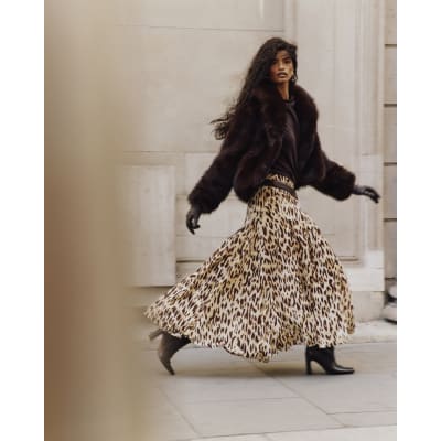 Leopard Print Godet Midi Skirt