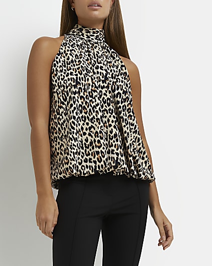 Brown leopard print halter neck top