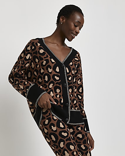 Brown leopard print jacquard cardigan