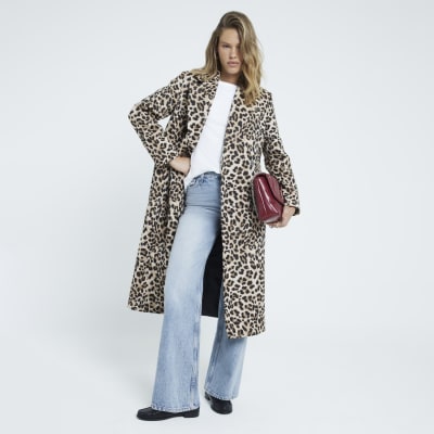 Brown Leopard Print Jacquard Coat River Island